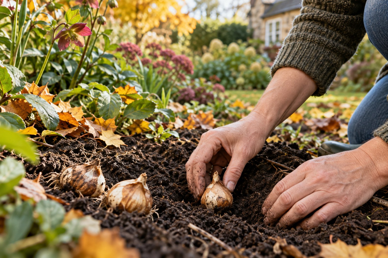 Hands planting bulbs in a backyard garden